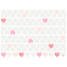 Ein Raster aus vertikalen Herzlinien in Hellgrau und verstreuten rosa, roten und pfirsichfarbenen Herzen ziert die Dunicel-Sets 30x40 cm Amour von Duni GmbH-hochwertige Tischsets (Packung 100 Stück)-auf einem strahlend weißen Hintergrund.