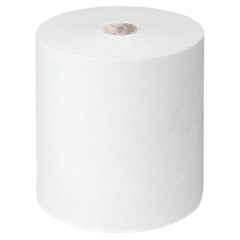 Veľká biela rolka Scott® Control™ utierok - rolka / biela od Kimberly-Clark GmbH stojí vzpriamene na bielom pozadí, s viditeľným kartónovým jadrom - ideálna pre hygienické utierky a efektívne sušenie rúk.