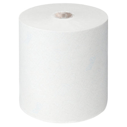 Veľká biela rolka Scott® Control™ utierok - rolka / biela od Kimberly-Clark GmbH stojí vzpriamene na bielom pozadí, s viditeľným kartónovým jadrom - ideálna pre hygienické utierky a efektívne sušenie rúk.
