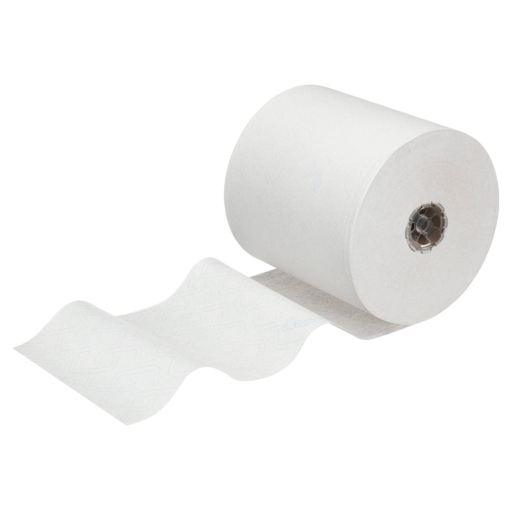 Jedna rolka Scott® Control™ utierok - rolka / biela od Kimberly-Clark GmbH je rozvinutá na jednofarebnom bielom pozadí, pričom je viditeľná textúra a papierové jadro - ideálna pre dodržiavanie hygienických štandardov utierok.