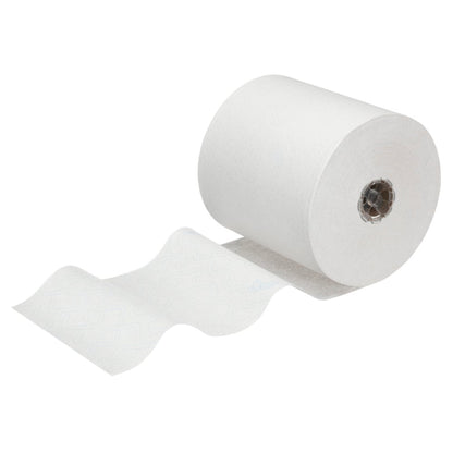 Jedna rolka Scott® Control™ utierok - rolka / biela od Kimberly-Clark GmbH je rozvinutá na jednofarebnom bielom pozadí, pričom je viditeľná textúra a papierové jadro - ideálna pre dodržiavanie hygienických štandardov utierok.