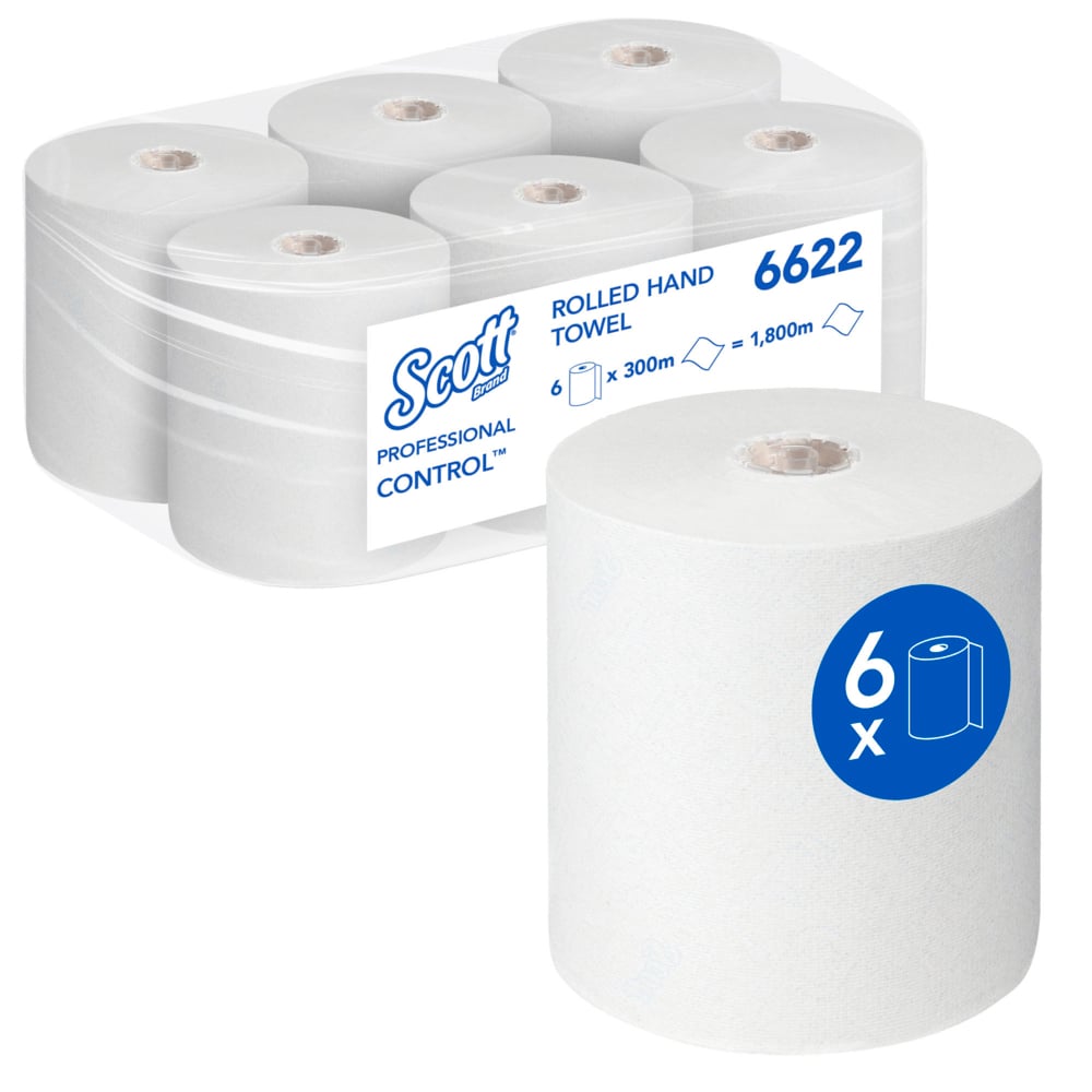 Balík so šiestimi Scott® Control™ utierkami - rolka / biela od Kimberly-Clark GmbH, biele, naskladané v dvoch radoch. Každá rolka má 300 m pre hygienické utierky a efektívne sušenie rúk.
