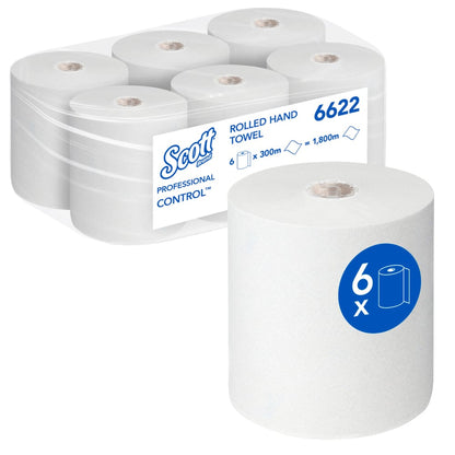 Balík so šiestimi Scott® Control™ utierkami - rolka / biela od Kimberly-Clark GmbH, biele, naskladané v dvoch radoch. Každá rolka má 300 m pre hygienické utierky a efektívne sušenie rúk.