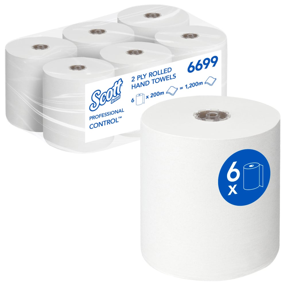 Šesť roliek Scott® Control™ utierok - rolka / biela od Kimberly-Clark GmbH, každá jednotlivo zabalená; balenie obsahuje 6 roliek s celkovou dĺžkou 1 200 metrov na hygienické sušenie rúk. Jedna rolka je zobrazená na prednej strane.