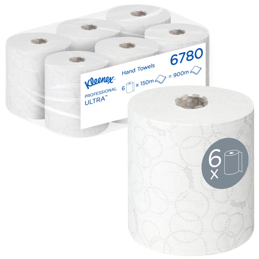 Kimberly-Clark GmbH Kleenex® ULTRA™ Papierové uteráky - 6 roliek po 150 m, hygienicky jednotlivo balené - celkovo 900 m bielych papierových uterákov v kartóne.