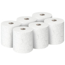 Sechs Rollen Kleenex® ULTRA™ Handtücher, je 150m, von Kimberly-Clark GmbH sind auf einfarbig weißem Hintergrund abgebildet - ideal zum hygienischen Händetrocknen. Jede Packung enthält 6 weiße Rollen.