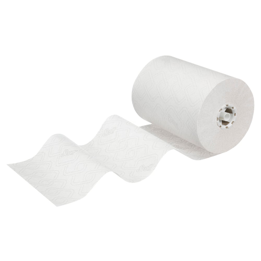 Jedna rolka Scott® CONTROL EXTRA STRONG utierok od Kimberly-Clark GmbH je čiastočne rozvinutá a ukazuje svoj jemný embosovaný vzor na bielych listoch. Balenie so 6 rolkami je zobrazené na jednofarebnom bielom pozadí.