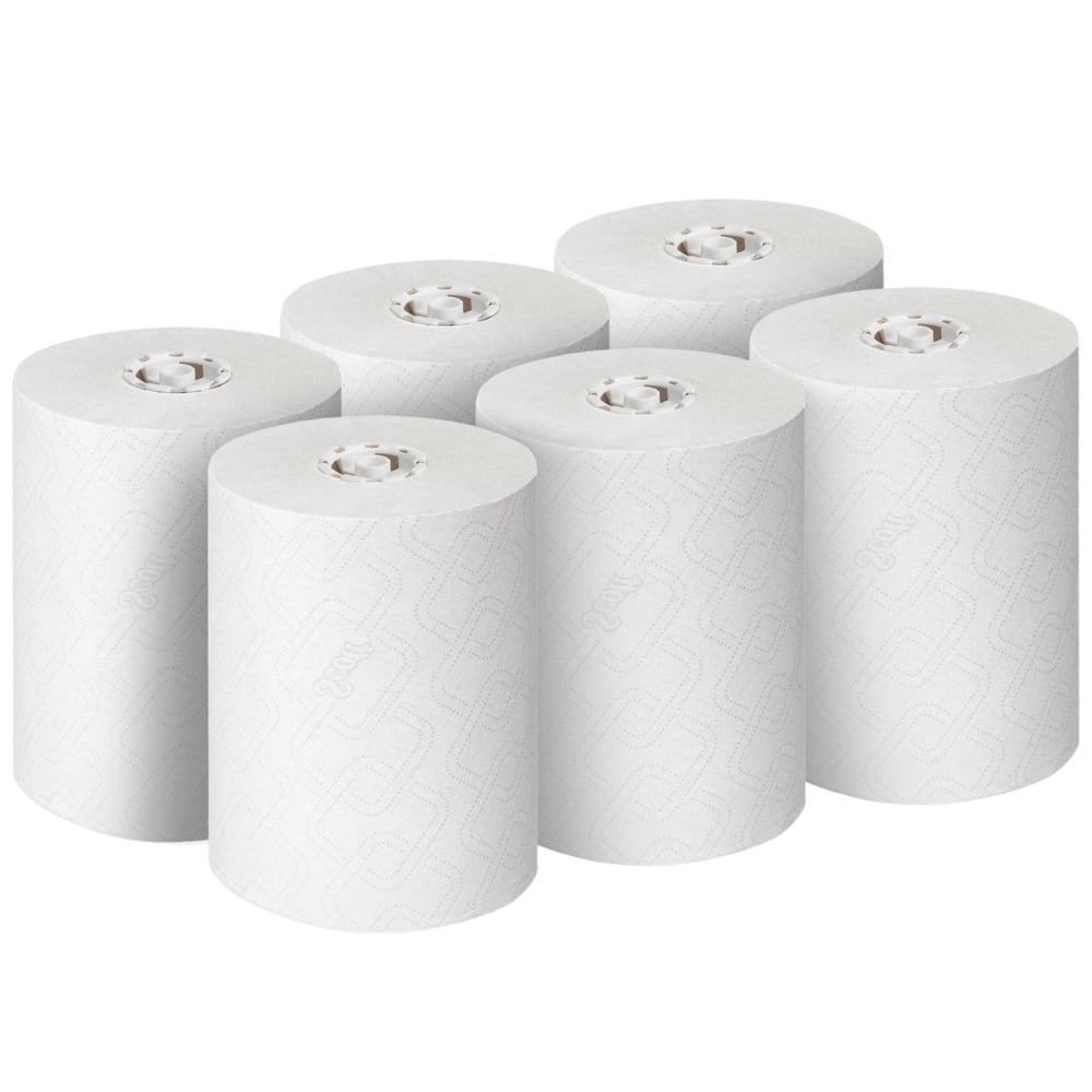 Šesť nepoužitých bielych roliek Scott® CONTROL EXTRA STRONG utierok od Kimberly-Clark GmbH je usporiadaných do dvoch trojradov, pričom každý z nich ukazuje viditeľné jadro a pevné extra silné listy. Balenie: 6 roliek/kartón.