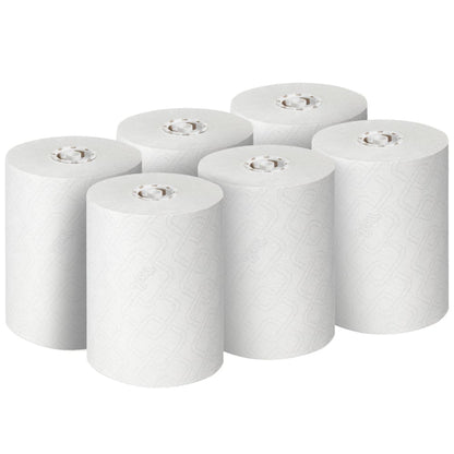 Šesť nepoužitých bielych roliek Scott® CONTROL EXTRA STRONG utierok od Kimberly-Clark GmbH je usporiadaných do dvoch trojradov, pričom každý z nich ukazuje viditeľné jadro a pevné extra silné listy. Balenie: 6 roliek/kartón.