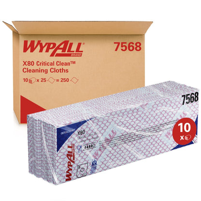 Eine Schachtel WypAll® X80 Critical Clean - Interfold (41,00 cm x 33,00 cm) der Kimberly-Clark GmbH steht hinter gefalteten weißen Tüchern mit violettem Muster, auf denen "10 x 25" und "250" steht - ideal für die kritische industrielle Reinigung.