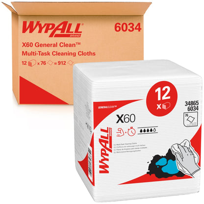 Krabica Kimberly-Clark GmbH WypAll® X60 General Clean štvrťskladané biele utierky (12 balíkov x 76 kusov) je zobrazená za jednotlivo balenými utierkami pre ťažké a všeobecné čistenie.