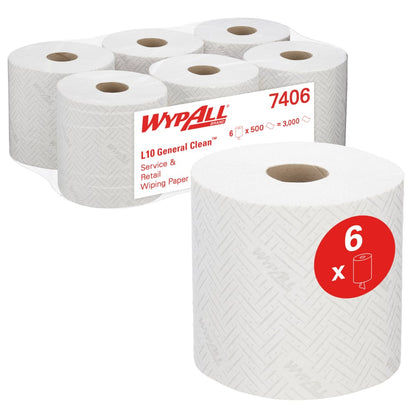 Zobrazených je šesť roliek papierových utierok WypAll® L10 od Kimberly-Clark GmbH pre služby a maloobchod. Každá rolka s centrálnym podávačom (38 x 18,3 cm) má 500 listov, celkovo 3.000 listov na balenie - ideálne pre zásobníky Reach+™.