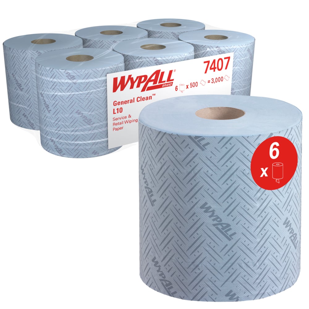 Šesť veľkých roliek papierových utierok WypAll® L10 od Kimberly-Clark GmbH na čistenie v službách a maloobchode, centrálny podávač pre Reach+™ (38x18,3cm), zobrazené s produktovým štítkom: 6 roliek/balenie, 500 listov/rolka - ideálne pre systémy centrálnych podávačov.