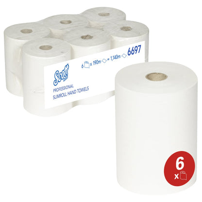 Šesť Scott® Slimroll™ uterákov od Kimberly-Clark GmbH je úsporne zabalených v čírej fólii. Savý uterák s 6-balením červeným symbolom je viditeľný - perfektné pre profesionálne aplikácie.