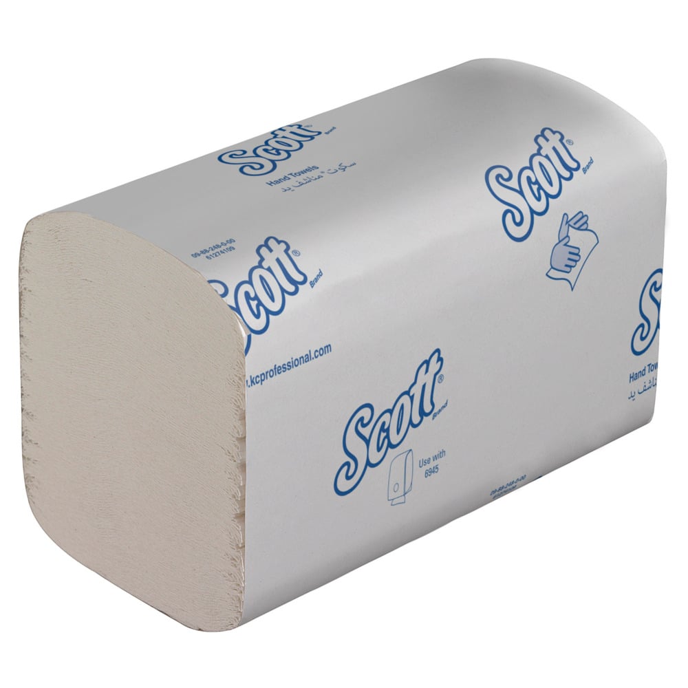 Ein rechteckiger Stapel Scott® Control™ gefaltete Handtücher in weißer Verpackung von Kimberly-Clark GmbH, beschriftet für den Gebrauch zum Händetrocknen, 15 x 240 Blatt pro Schachtel.