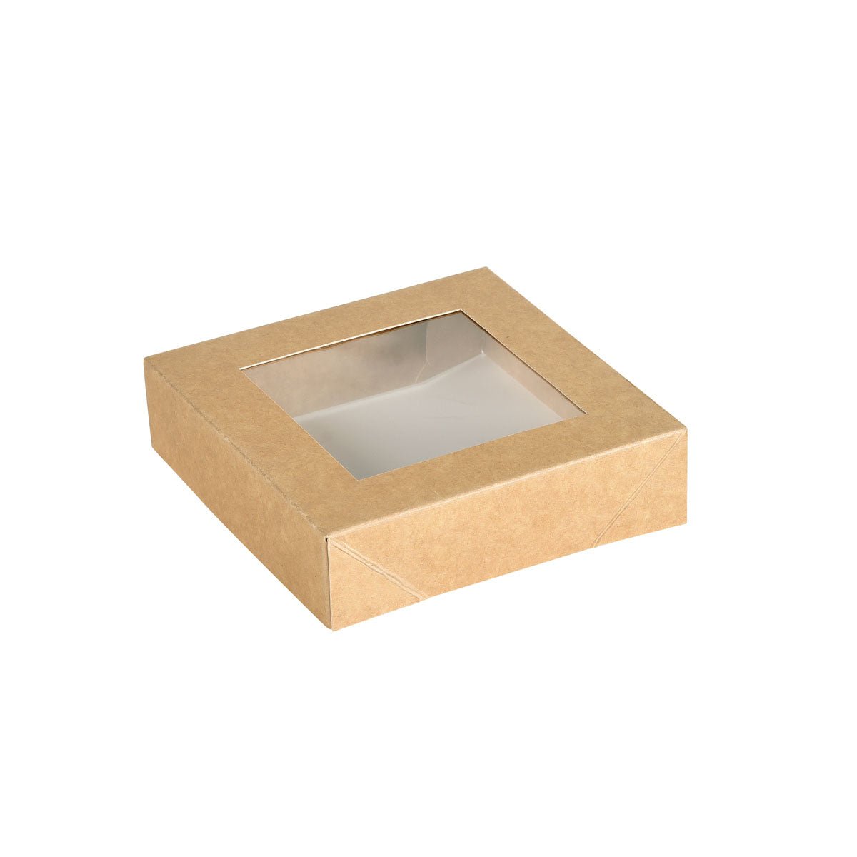 Zobrazený je štvorcový, hnedý Viking Cube vrchnák s PLA oknom (113x113x29mm) od Duni GmbH na bielom pozadí. Čiastočne otvorený vrchnák umožňuje pohľad na prázdny vnútorný priestor potravinového obalu. Balenie: 300 kusov.