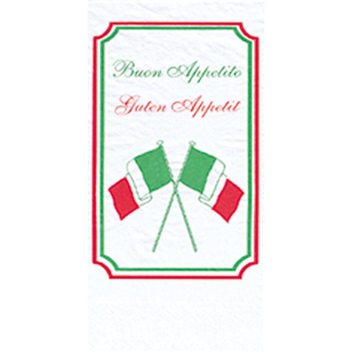 Der Duni GmbH Zellteller 40x40 mm, 2-lagig - Buon Appetito Design zobrazuje dve prekrížené talianske vlajky a "Buon Appetito" (zelené) s "Dobrú chuť" (červené), všetko orámované zeleno-červeným okrajom. Balenie: 300 servítok.
