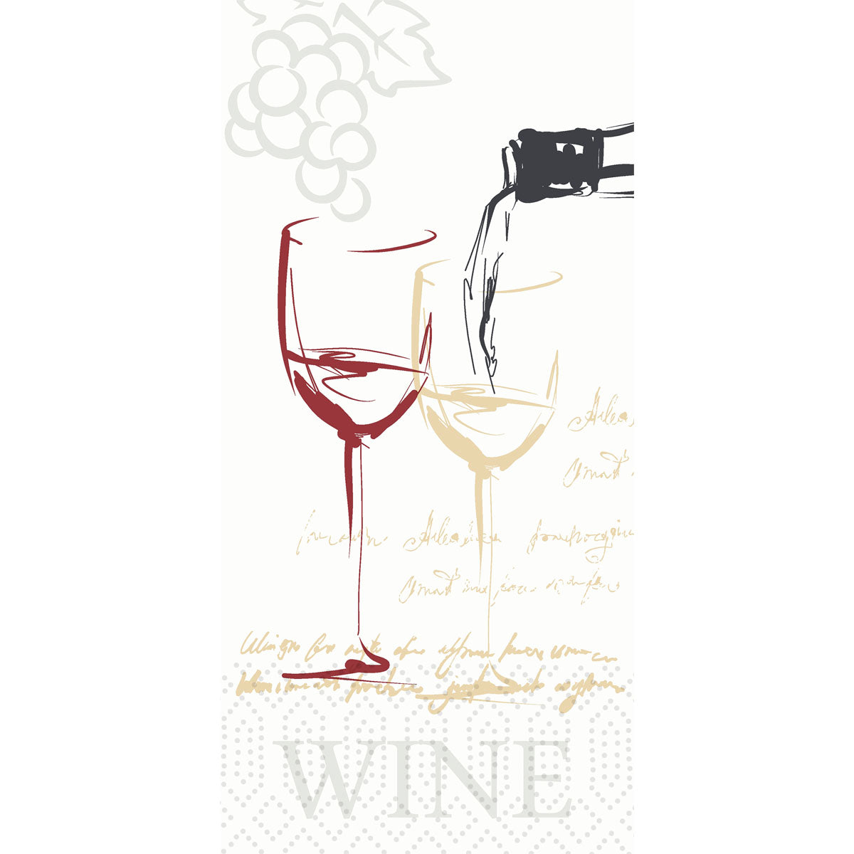 Skica dvoch pohárov na víno, z ktorých jeden je naplnený, hrozno a písané motívy, ako aj "WINE" na spodnom okraji, zdobia Duni GmbH výpredajový artikel Zellt.Serv. 33x33cm 2-vrstvový (300 servítok/balenie).