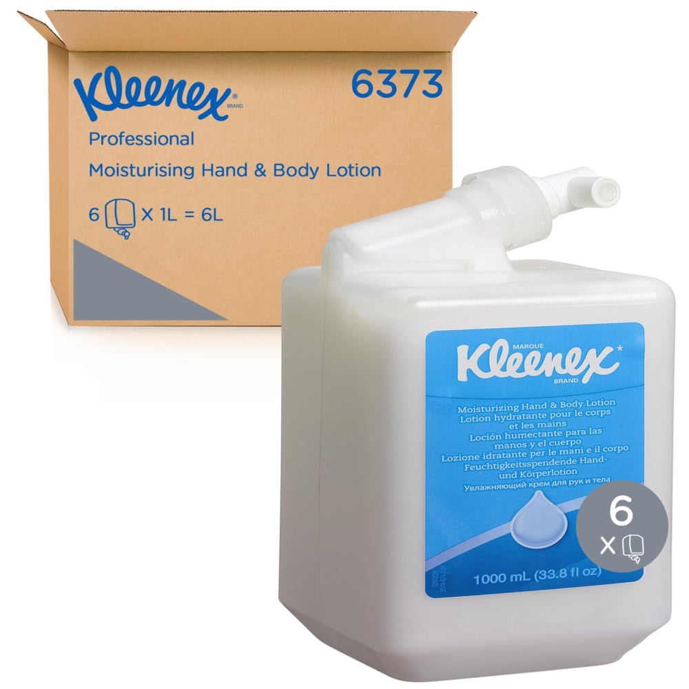 Jednolitrový Kleenex® hydratačný krém na ruky a telo (od Kimberly-Clark GmbH) je zobrazený pred škatuľou s nápisom "6 kaziet" - kartón, ktorý obsahuje šesť jednolitrových kaziet s krémom pre profesionálnu starostlivosť.