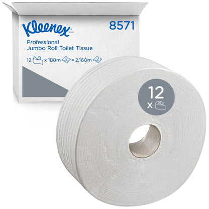 Veľká biela veľká rolka toaletného papiera Kleenex® od Kimberly-Clark GmbH stojí pred škatuľou s nápisom "12 roliek x 474 listov", čo ukazuje, že je určená na komerčné použitie.
