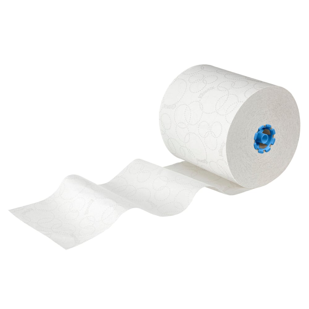 Veľká biela Kleenex® Ultra™ rolková utierka (2-vrstvová, E-Rolka Large, 6x200m) od Kimberly-Clark GmbH s modrým jadrom, čiastočne odvinutá na bielom podklade - ideálne hygienické riešenie utierky pre každodenné použitie. Kartón: 6 roliek.