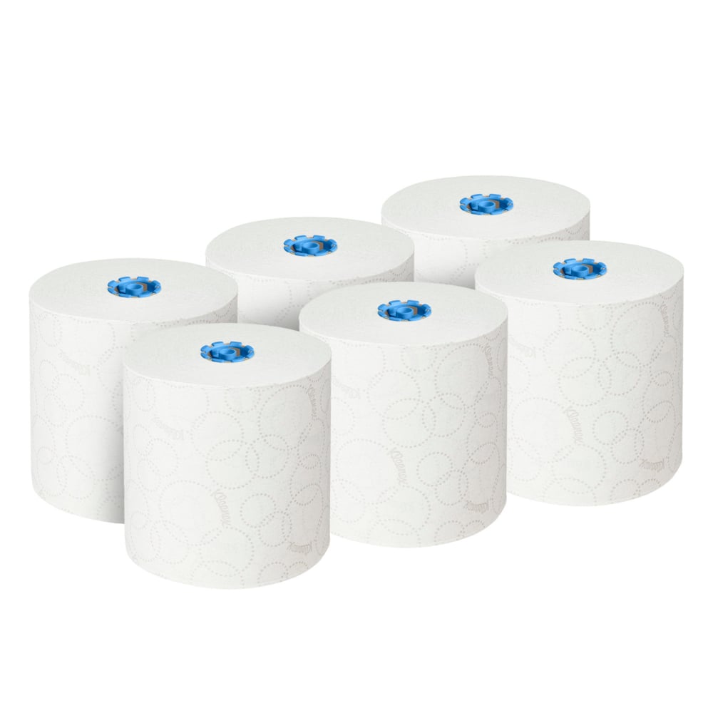 Šesť veľkých bielych Kleenex® Ultra™ rolkových utierok (2-vrstvové, 6x200m) od Kimberly-Clark GmbH, každá s modrým plastovým jadrom a jemnými kruhovými vzormi, usporiadané v dvoch trojradových radoch na jednofarebnom bielom pozadí.
