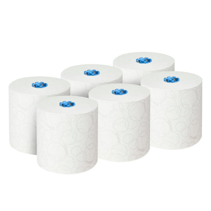 Šesť veľkých bielych Kleenex® Ultra™ rolkových utierok (2-vrstvové, 6x200m) od Kimberly-Clark GmbH, každá s modrým plastovým jadrom a jemnými kruhovými vzormi, usporiadané v dvoch trojradových radoch na jednofarebnom bielom pozadí.