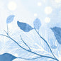 Modrá tónovaná ilustrácia so siluetovanými listami a "DUNI" v rohu, ideálna pre servítky 24x24 3-vrstvové 1/4 Frosted Winter (50 kusov) od Duni GmbH, pripomína mrazivý zimný dizajn.