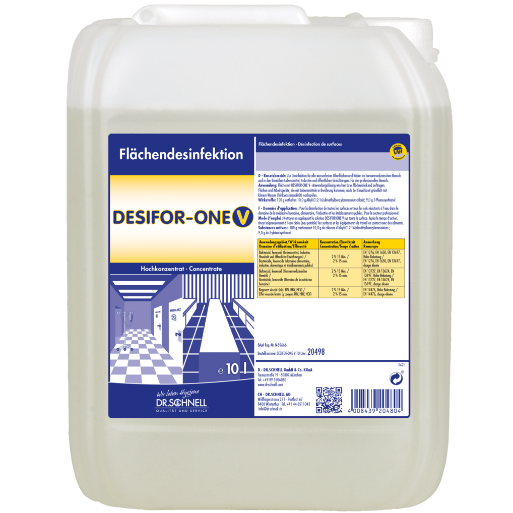 10-litrová plastová nádoba od Dr. Schnell DESIFOR-ONE V na dezinfekciu povrchov od DR.SCHNELL GmbH & Co. KGaA, s modro-žltou etiketou s informáciami o produkte, návodom na dávkovanie a nemeckými bezpečnostnými pokynmi.
