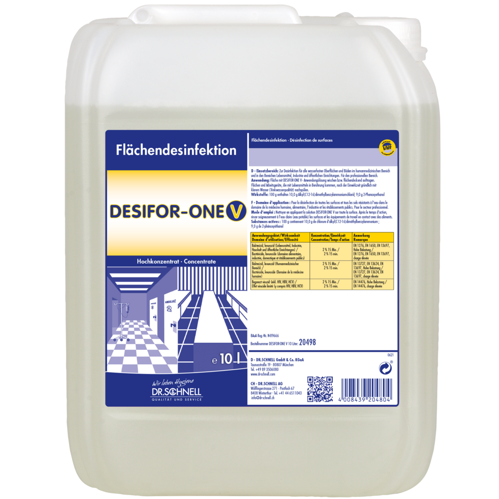 Ein 10-Liter-Kunststoffbehälter von Dr. Schnell DESIFOR-ONE V Flächendesinfektion der DR.SCHNELL GmbH & Co. KGaA, mit einem blau-gelben Etikett mit Produktinformation, Dosierungsanleitung und deutschen Sicherheitshinweisen.