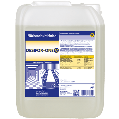10-litrová plastová nádoba od Dr. Schnell DESIFOR-ONE V na dezinfekciu povrchov od DR.SCHNELL GmbH & Co. KGaA, s modro-žltou etiketou s informáciami o produkte, návodom na dávkovanie a nemeckými bezpečnostnými pokynmi.