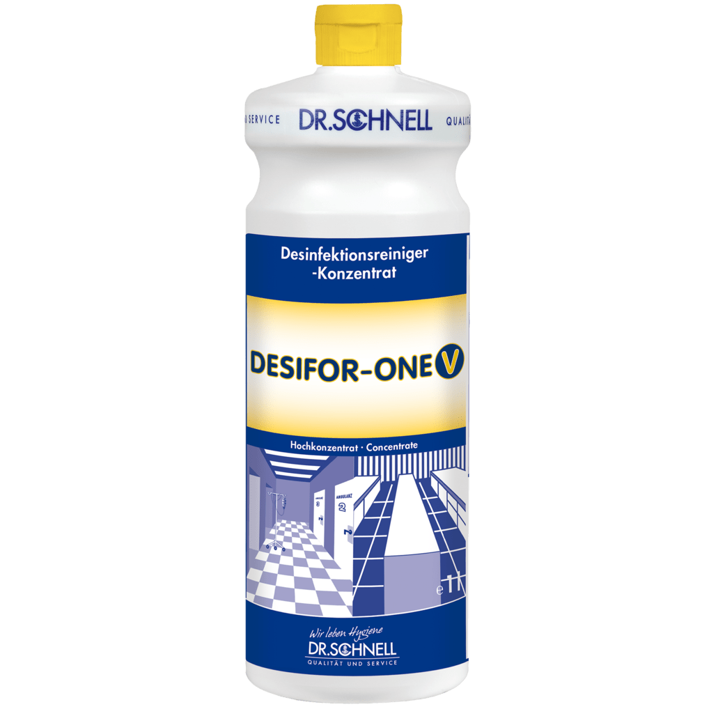 Biela plastová fľaša Dr. Schnell DESIFOR-ONE V na dezinfekciu povrchov od DR.SCHNELL GmbH & Co. KGaA, so žltým uzáverom a modro-bielou etiketou s nemeckým nápisom, ideálna na dezinfekciu povrchov v hygienických oblastiach.