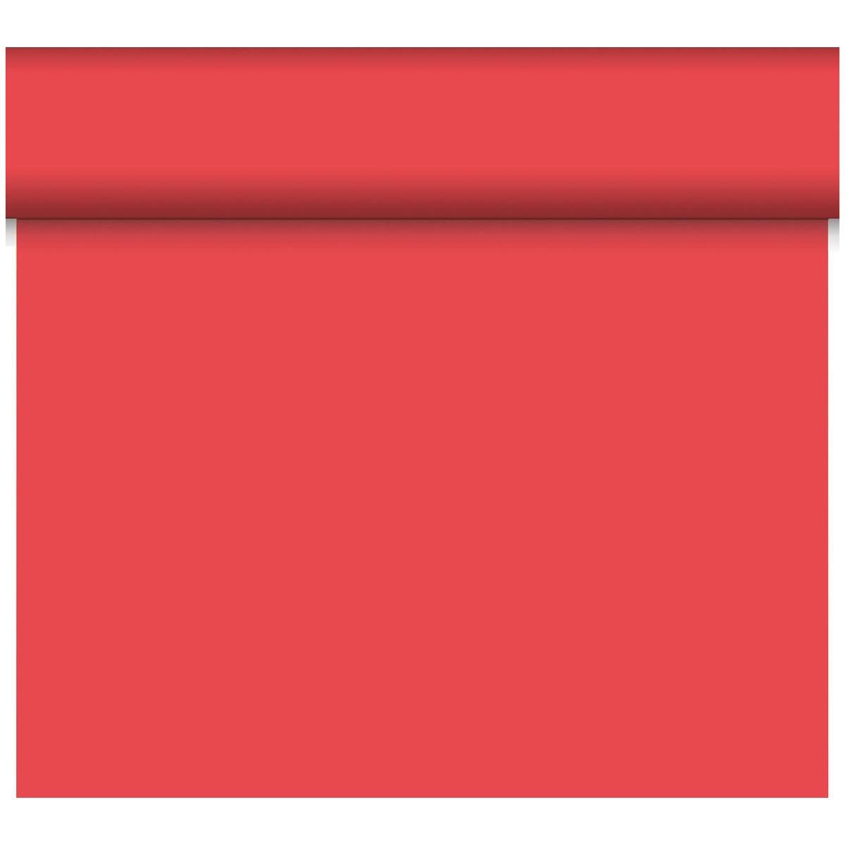 Rolka Bio-DC Tete a Tete (0,4x24m, červená) od Duni GmbH, vyrobená z vysoko kvalitného materiálu, je čiastočne odvinutá, pričom pás prechádza smerom nadol pred bielym pozadím.