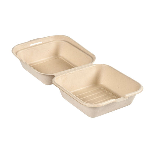 Clamshell 475 ml – nepovlakovaný, hnedý, z bagasy, rozmery 155 × 155 × 80 od spoločnosti Duni GmbH (balenie po 50 kusoch) je biologicky rozložiteľná, hnedastá nádoba na jedlo na odnesenie vyrobená z formovaných vlákien – ekologický obal pre vaše jedlá.