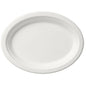 Der unbeschichtete, weiße Teller "Teller oval 26 cm Weiss" der Duni GmbH (Bagasse, 260x200x20 mm) vor weißem Hintergrund in der Draufsicht - leer, umweltfreundlich und perfekt für den nachhaltig gedeckten Tisch. Packung: 125 Stück.