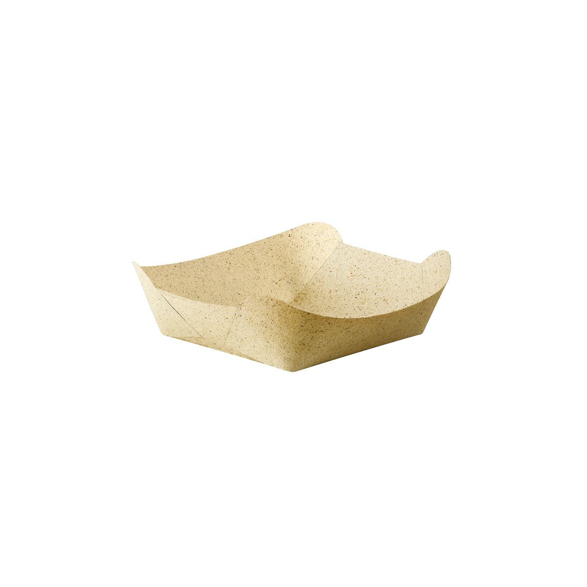 Das Bloom Tray Small der Duni GmbH ist ein rechteckiges, unbeschichtetes Natur Graspapier-Tablett (175x145x50 mm) mit hochgezogenen, gewölbten Kanten, das in Packungen zu 500 Stück verkauft wird. Diese umweltfreundliche Verpackung ist auf einem weißen Hintergrund abgebildet.