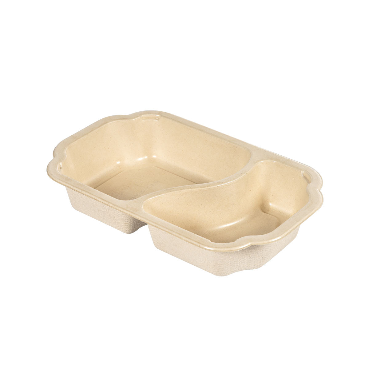 Das Duni GmbH Tablett Take-Away Fibre 2-comp aus beschichteter Bagasse in naturbeige hat die Maße 250x159x45 mm und ist ideal für die nachhaltige Gastronomie. Abgebildet leer, rechteckig mit zwei Fächern. Packung: 225 Stück.