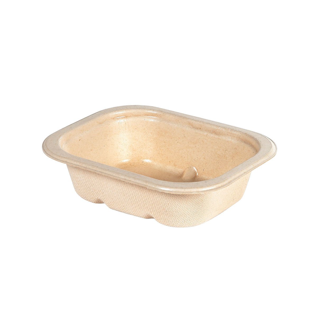 Obdĺžniková, béžová tácka Side Dish Fibre 1-Comp 37 mm Natur Coated Bagasse (140x116x37mm) od Duni GmbH, vyrobená z kompostovateľných tvarovaných vlákien, zobrazená prázdna na bielom pozadí. Veľkosť balenia: 340 kusov.