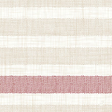 Die Dunilin Servietten 40x40 cm, Rigato Bordeaux von Duni GmbH haben einen weißen Hintergrund mit hellbeigen Querstreifen und einem kräftigen roten Punktstreifen im unteren Bereich. Packung mit 45 hochwertigen Servietten - ideal für eine stilvolle Tischdekoration.