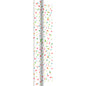 Die Dunicel-Rolle 40x0,90m Happy Bubbles von Duni GmbH ist eine Rolle mit buntem Tupfenpapier - ideal für Bastelprojekte oder Raumdekorationen - aufrecht stehend vor weißem Hintergrund.
