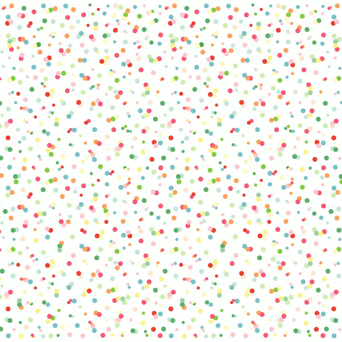 Biele pozadie s malými bodkami v zelenej, červenej, ružovej, žltej a modrej tvorí živý vzor bodiek, ktorý pripomína servítky Dunisilk Happy Bubbles (84x84 cm, 20 kusov) od spoločnosti Duni GmbH.