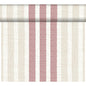 DC-Tete a Tete 0,4x24m Rigato bordeaux von Duni GmbH zeigt elegante beige und rote Streifen in verschiedenen Breiten auf einem cremefarbenen Untergrund - perfekt für stilvolle Tischdekorationen oder Nähprojekte. Die Packung enthält 1 Rolle.