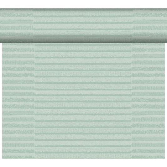 Der DC-Tete a Tete 0,4x24m Tessuto mint Tischläufer von Duni GmbH hat eine mintgrüne Farbe mit horizontalen Streifen in verschiedenen Texturen und Schattierungen, inspiriert von hochwertigem Stoff für einen subtilen, geschichteten Effekt. Die Packung enthält 1 Stück.