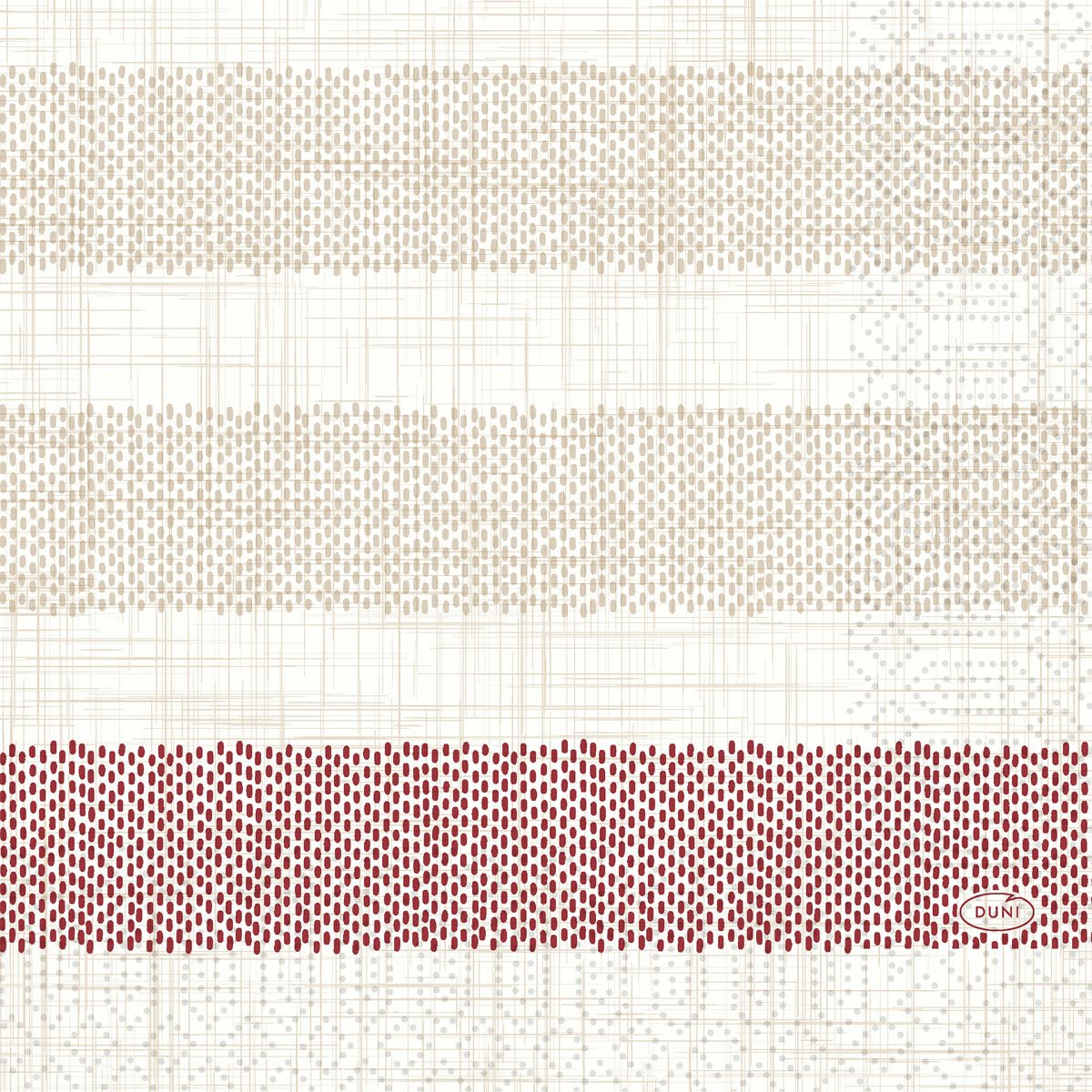 Servítky Duni GmbH Zellt.-Serv.33 3lg 1/4 Rigato bordeaux majú tri horizontálne pásy s malými, rovnomerne rozloženými bodkami - dva béžové, jeden bordový - so slabými mriežkovými čiarami a malým červeným oválom "DUNI" v pravom dolnom rohu. Balenie obsahuje 250 kusov.
