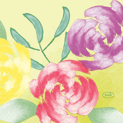 Tri veľké, štruktúrované kvety v žltej, ružovej a fialovej sú usporiadané medzi zelenými listami na svetložltom pozadí. Logo Duni GmbH sa nachádza vpravo dole. Servítka, 24x24 3vrstvová 1/4 je ideálna pre špeciálne príležitosti.