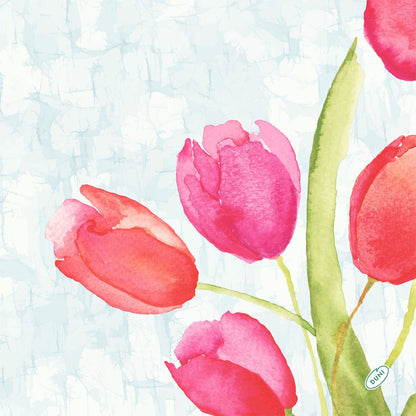 Akvarelová ilustrácia štyroch ružových a červených tulipánov so zelenými stonkami na svetlomodrom pozadí, ideálna pre Duni GmbH Bio-Dunisoft-Serv. 40x40cm.