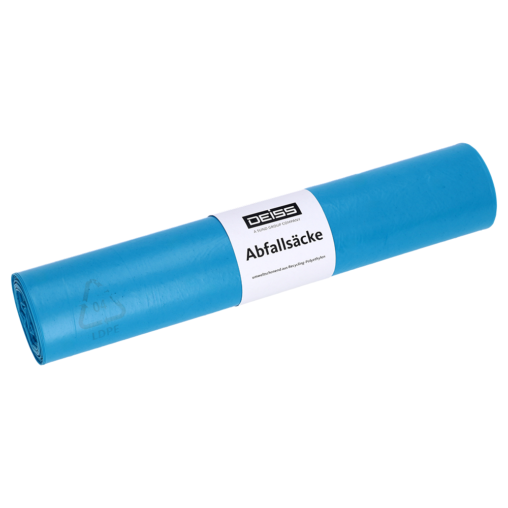 Eine Rolle DEISS 20771 (575x1000 mm, Typ 70, blau) Müllsäcke von EMIL DEISS KG (GmbH + Co.), Packung mit 25 Stück und weißem Etikett mit "DEISS" und "Abfallsäcke" auf weißem Hintergrund - robust für professionelle Sauberkeit.