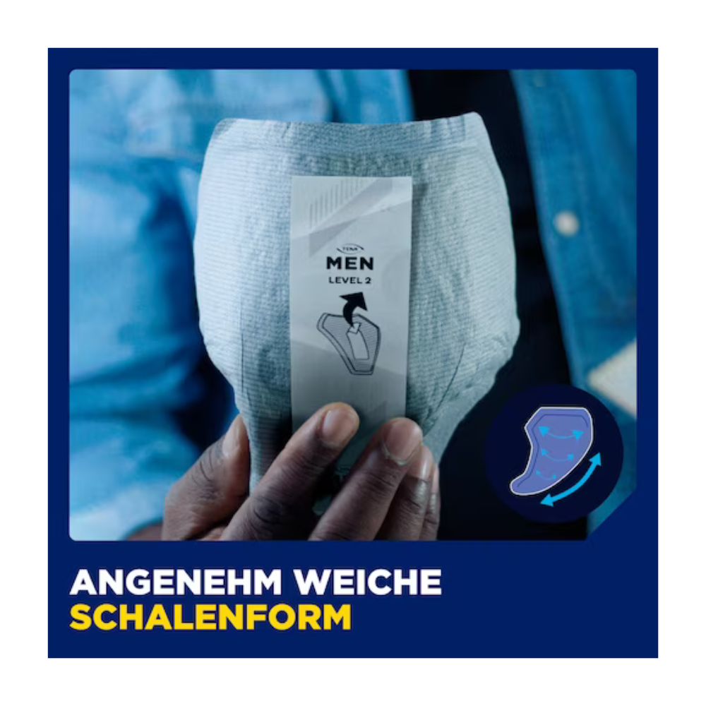 Eine Person hält ein graues "Muster TENA Men Active Fit" Pad von TENA - Essity Germany GmbH mit der Aufschrift "MEN LEVEL 2". Die Verpackung zeigt ein Diagramm und "ANGENEHM WEICHE SCHALENFORM". Geeignet bei Blasenschwäche für Männer.