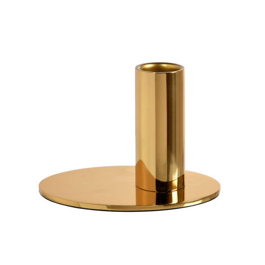 Der goldfarbene Kerzenhalter aus Metall (10,7x7,7 cm) von Duni GmbH zeichnet sich durch einen flachen, runden Sockel und elegantes Design-Ideal als stilvolle Tischdekoration aus. Packung: 1 Stück. Abgebildet vor einem weißen Hintergrund.