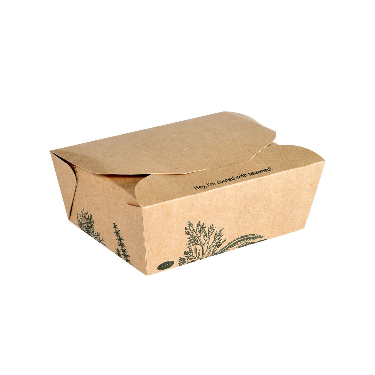 Alga Box 1200ml 120x110x62mm, hnedá | Kartón od Duni GmbH je uzavretá hnedá škatuľa s čiernymi botanickými ilustráciami a "Hej! Som pokrytý riasami!" na hornej klapke - ekologické balenie pre jedlo so sebou.